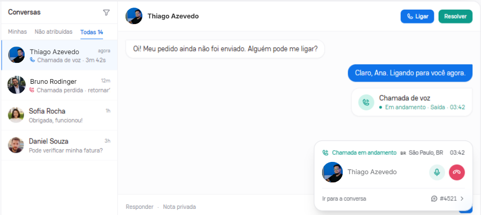 Painel MultiAtend com chamada de voz pelo WhatsApp em andamento gravação e transcrição automática